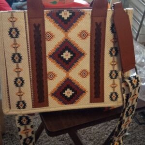 Geometric Patterned Tote Bag with Brown Accents
